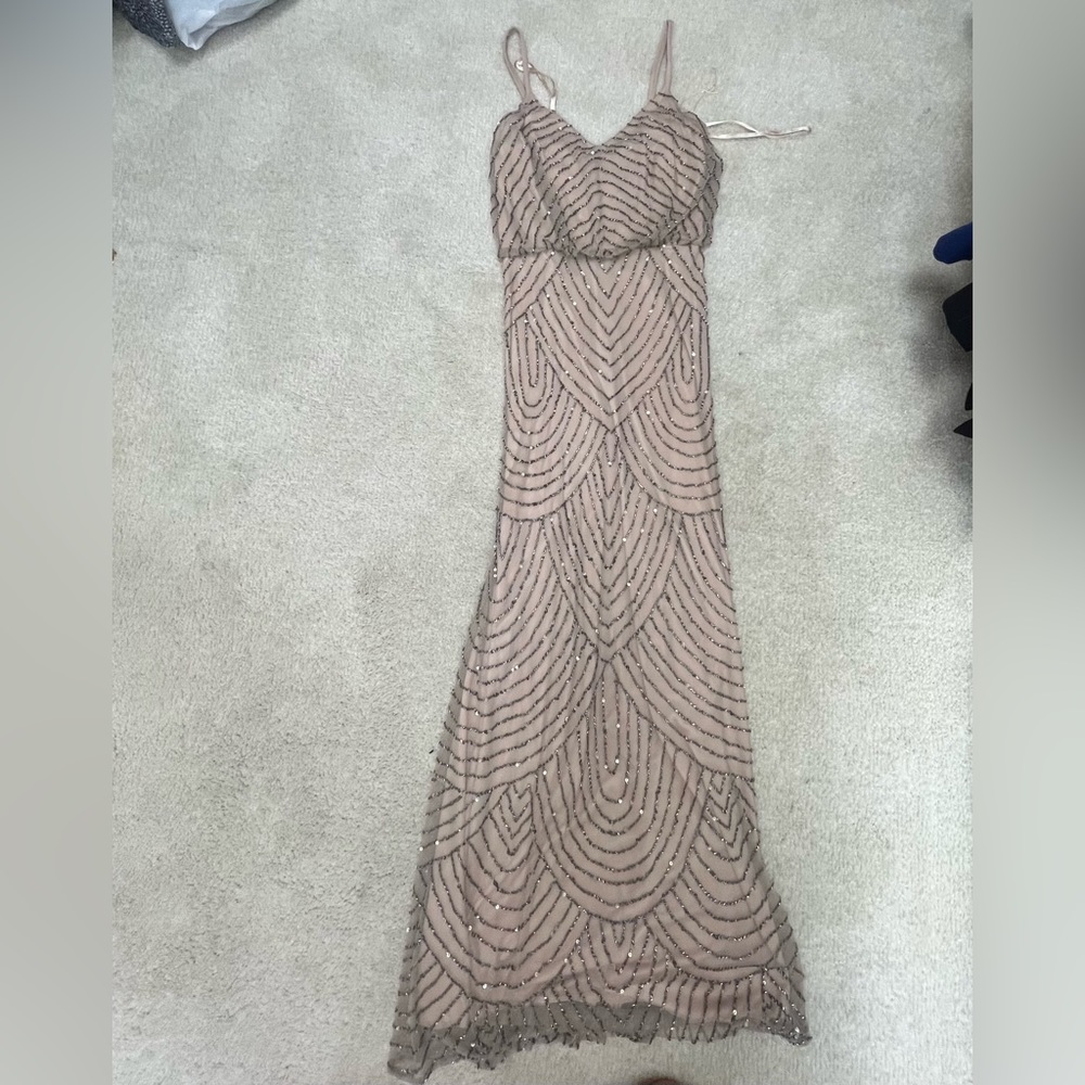 Adrianna Papell pink beaded floor length dress art deco